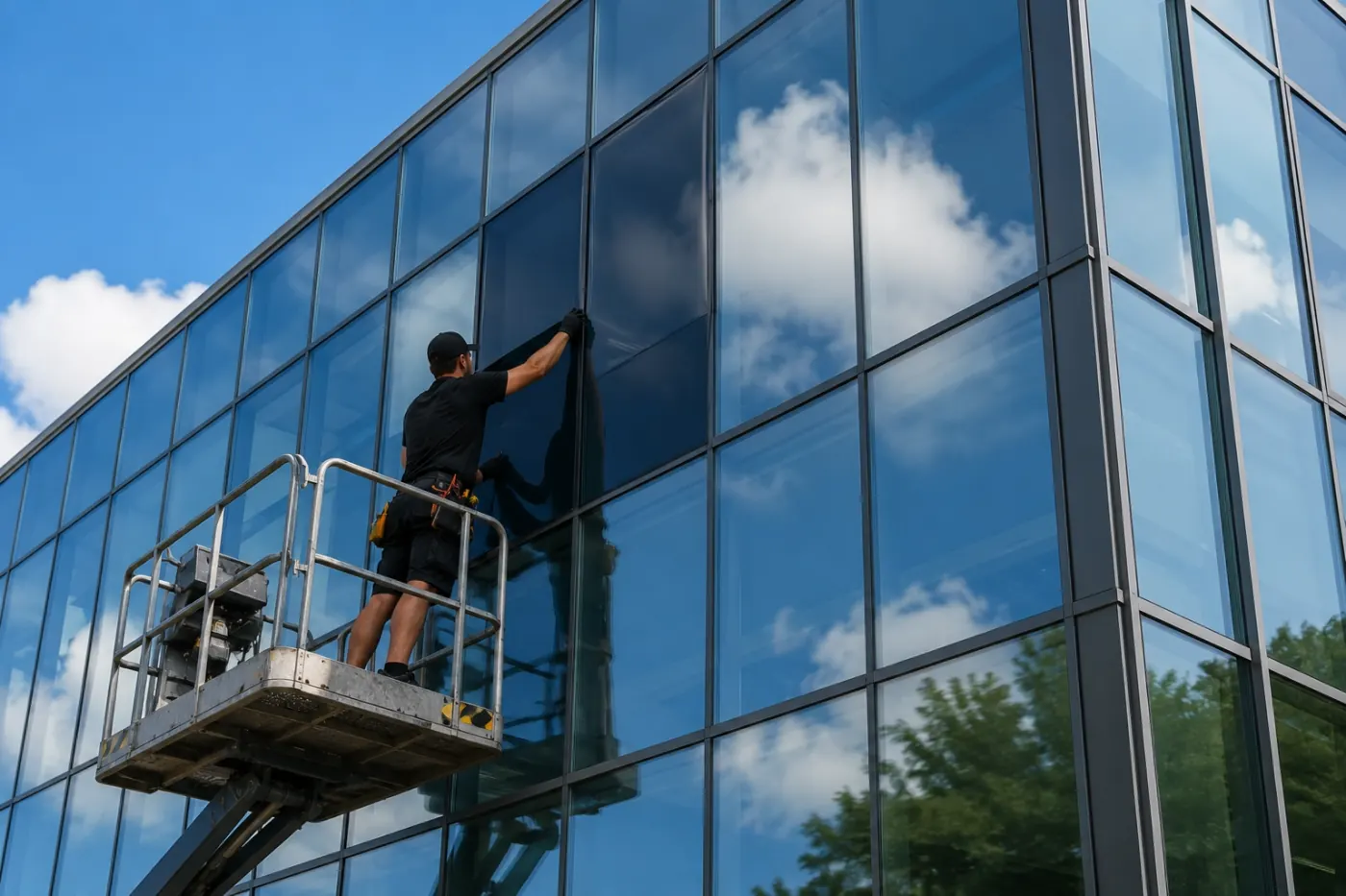 Montering av solfilm på fastighetsglas hos Solfilmsmontage