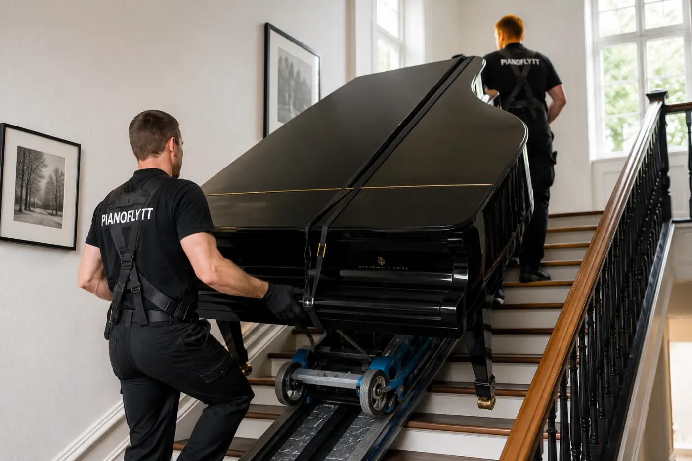 Pianoflyttare som bär flygel i trappa